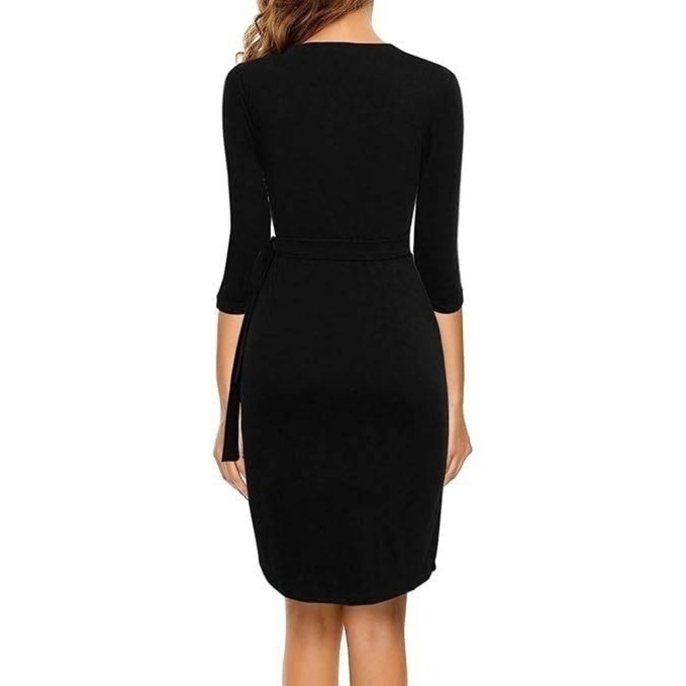 Women's‎ Faux Wrap Dress by Sunglory Black 3/4 Sleeve Size M New With Tags - Picture 6 of 12